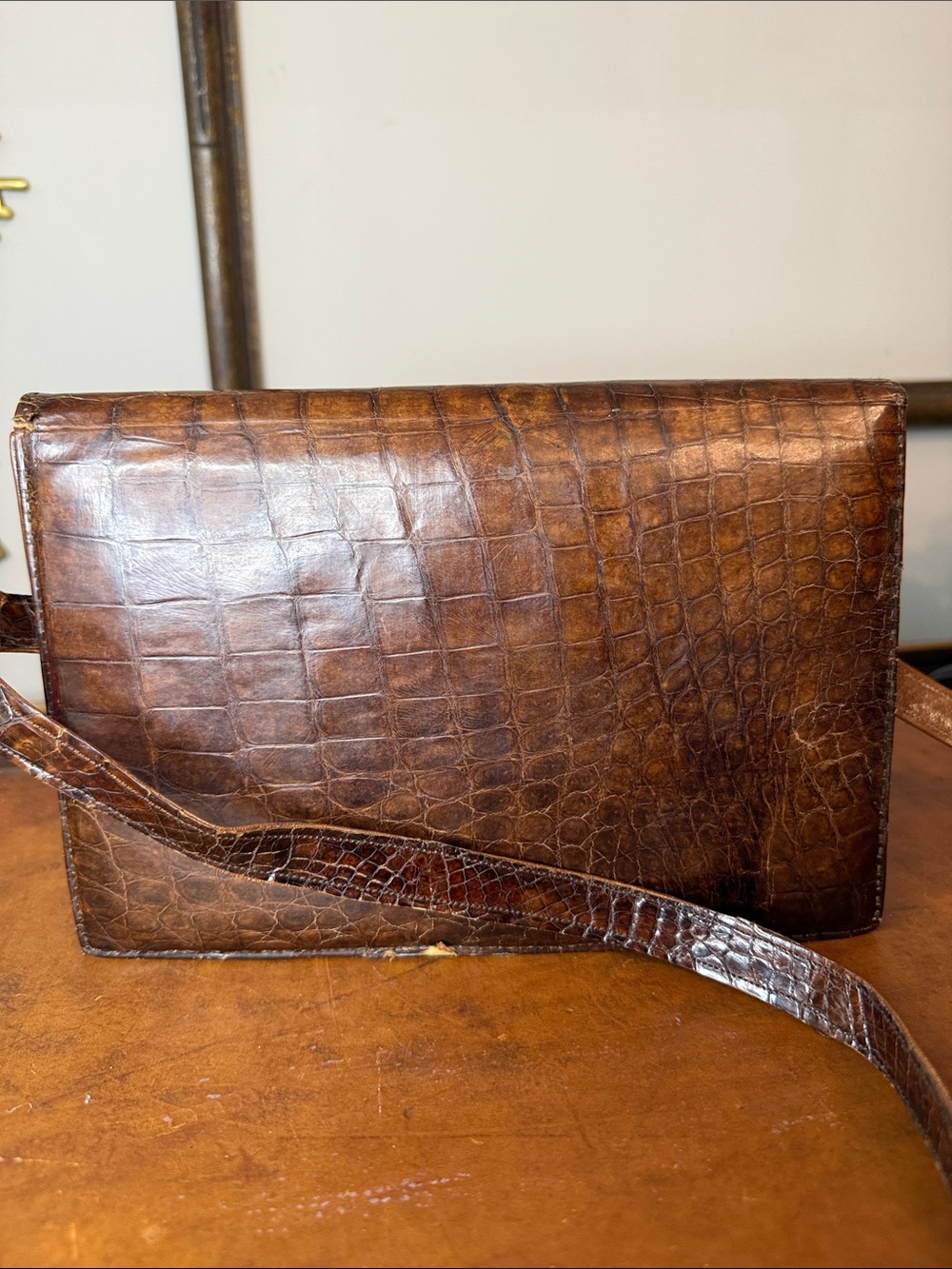 Vintage Cognac Croc-Embossed Leather Crossbody Bag